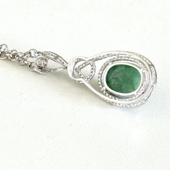 925 Sterling Silver Natural Emerald & White Sapphire Pendant Necklace $1,050 - Picture 7 of 10
